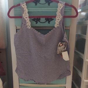 GUESS Striped Blue White Lace-Trim Tank Top Sz M Nwt